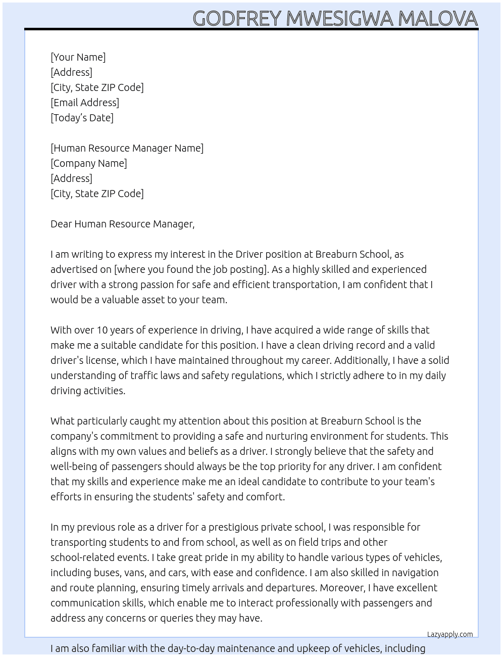 DRIVER At BREABURN SCHOOL Cover Letter
