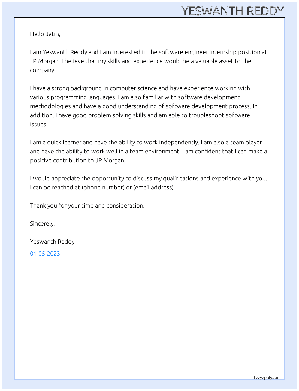 Software engineer Internship  At JP Morgan Cover Letter