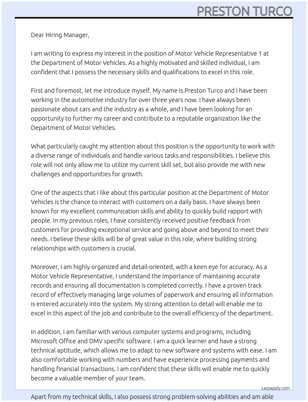 Motor Vehicle Representative 1 At Department of Moter Vehicles Cover Letter