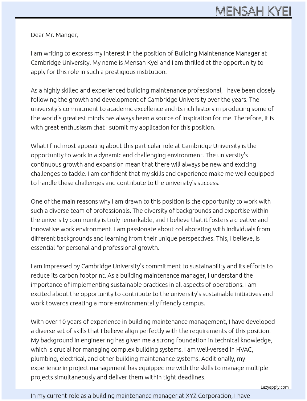 Cover letter for building maintenance manager - LazyApply