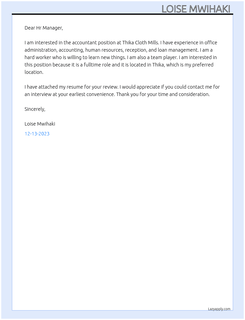 Accountant At Thika Cloth Mills Cover Letter