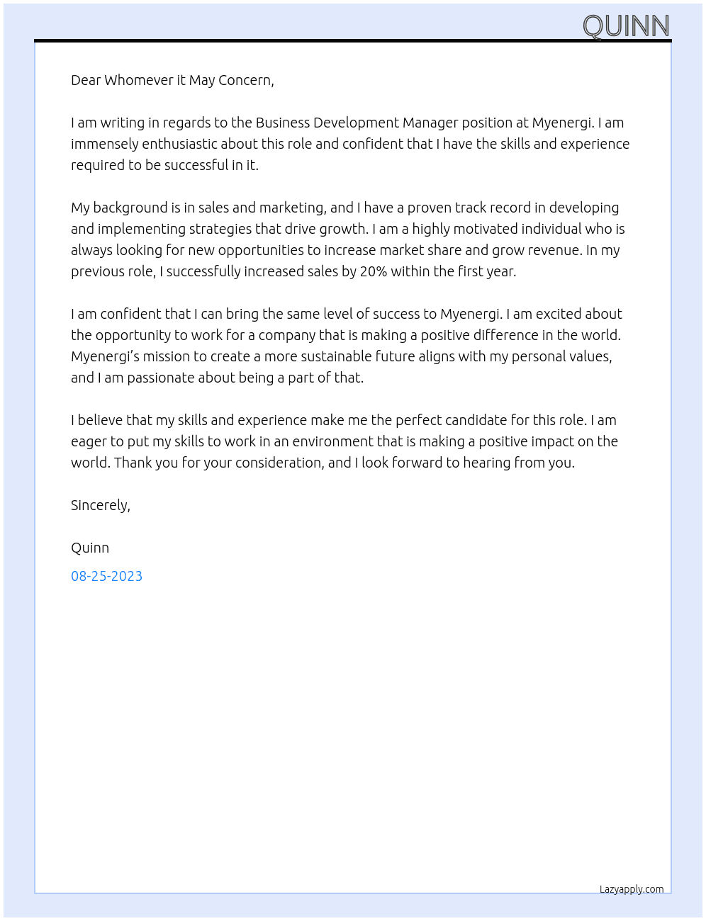 Business Development Manager At Myenergi Cover Letter