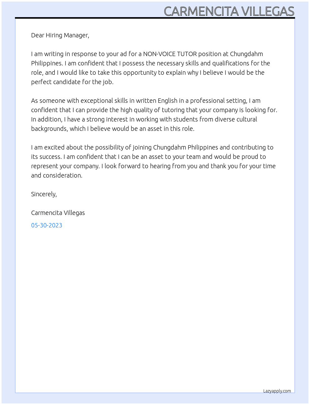 NON-VOICE TUTOR At Chungdahm Philippines Cover Letter
