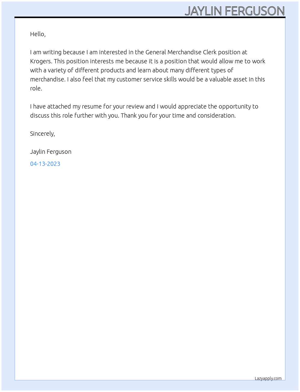 General Merchandise Clerk At Krogers Cover Letter