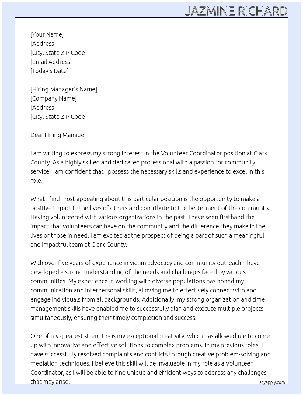 VOLUNTEER COORDINATOR At Clark County Cover Letter