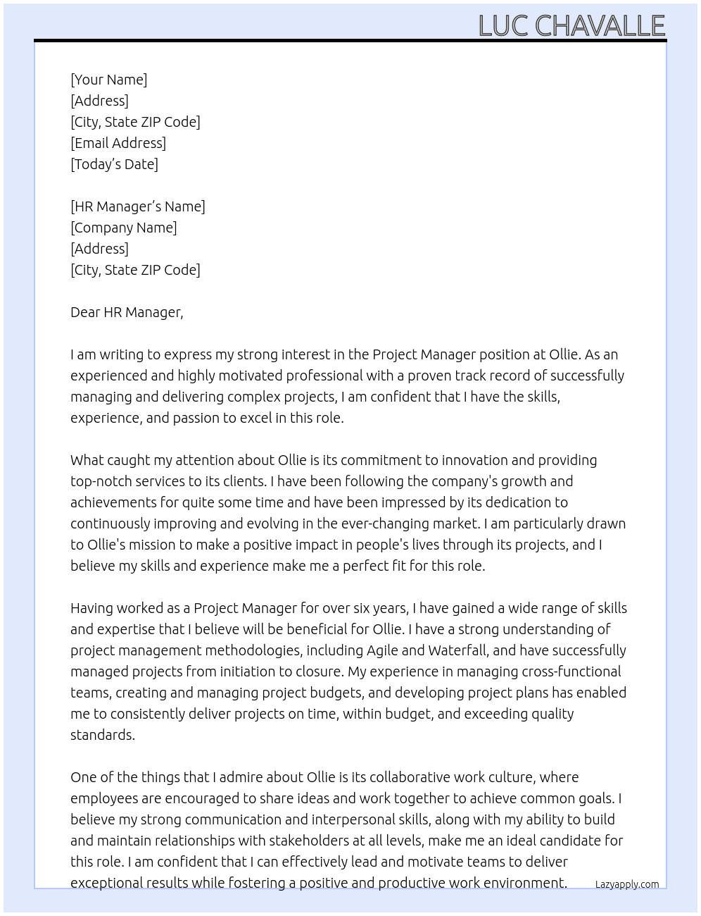 Project Manager At Ollie Cover Letter
