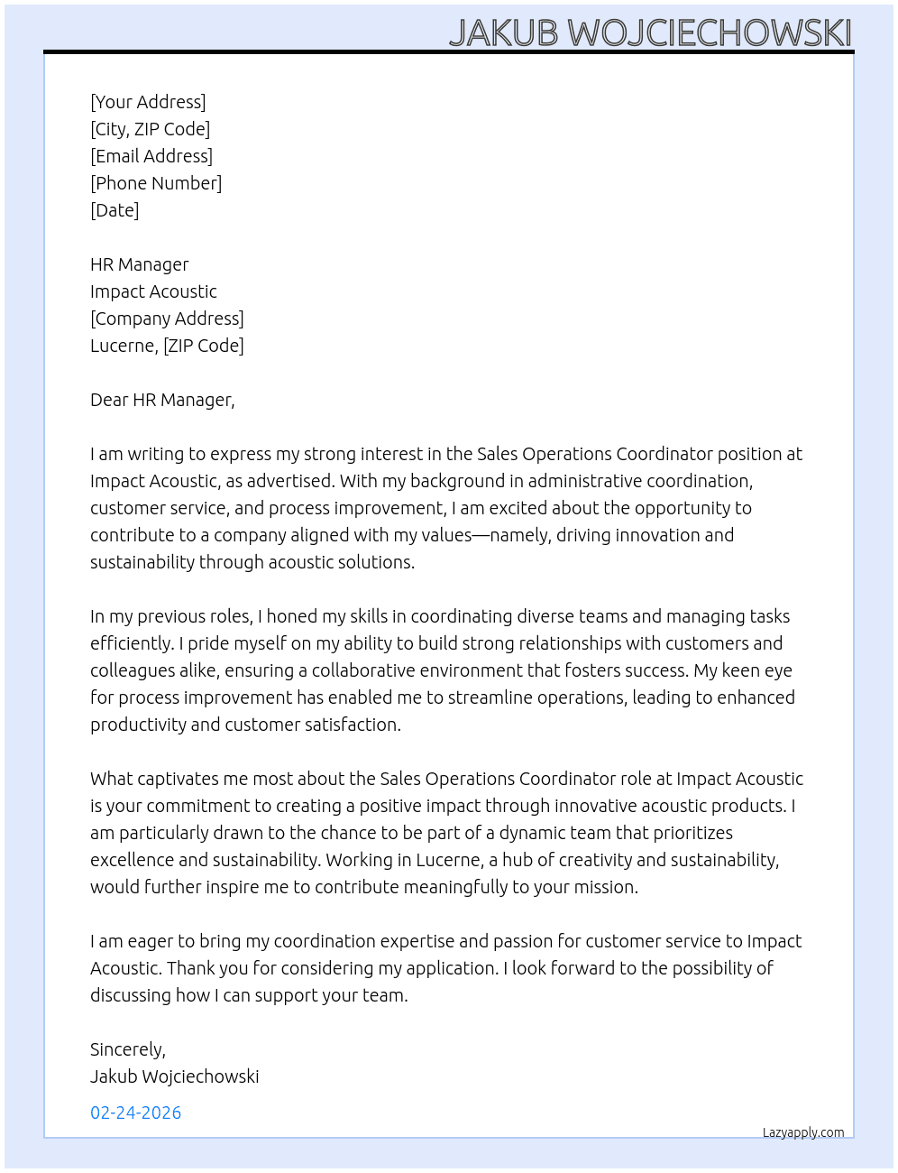 Sales Operations Coordinator to Executive Office At Impact Acoustic Cover Letter