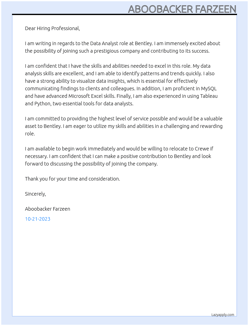 Data Analyst At Bentley Cover Letter