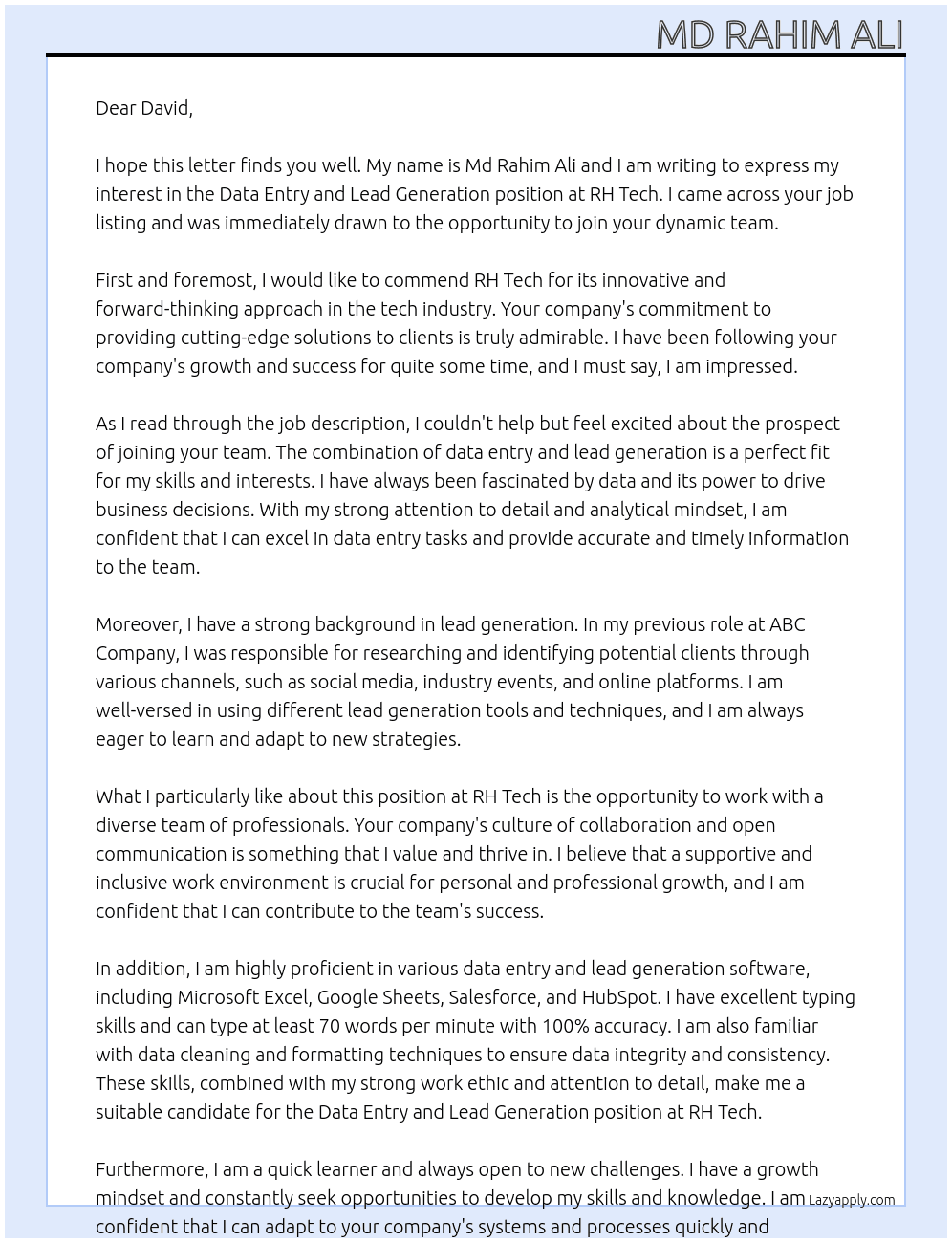 Data entry and lead generation At rh thech Cover Letter