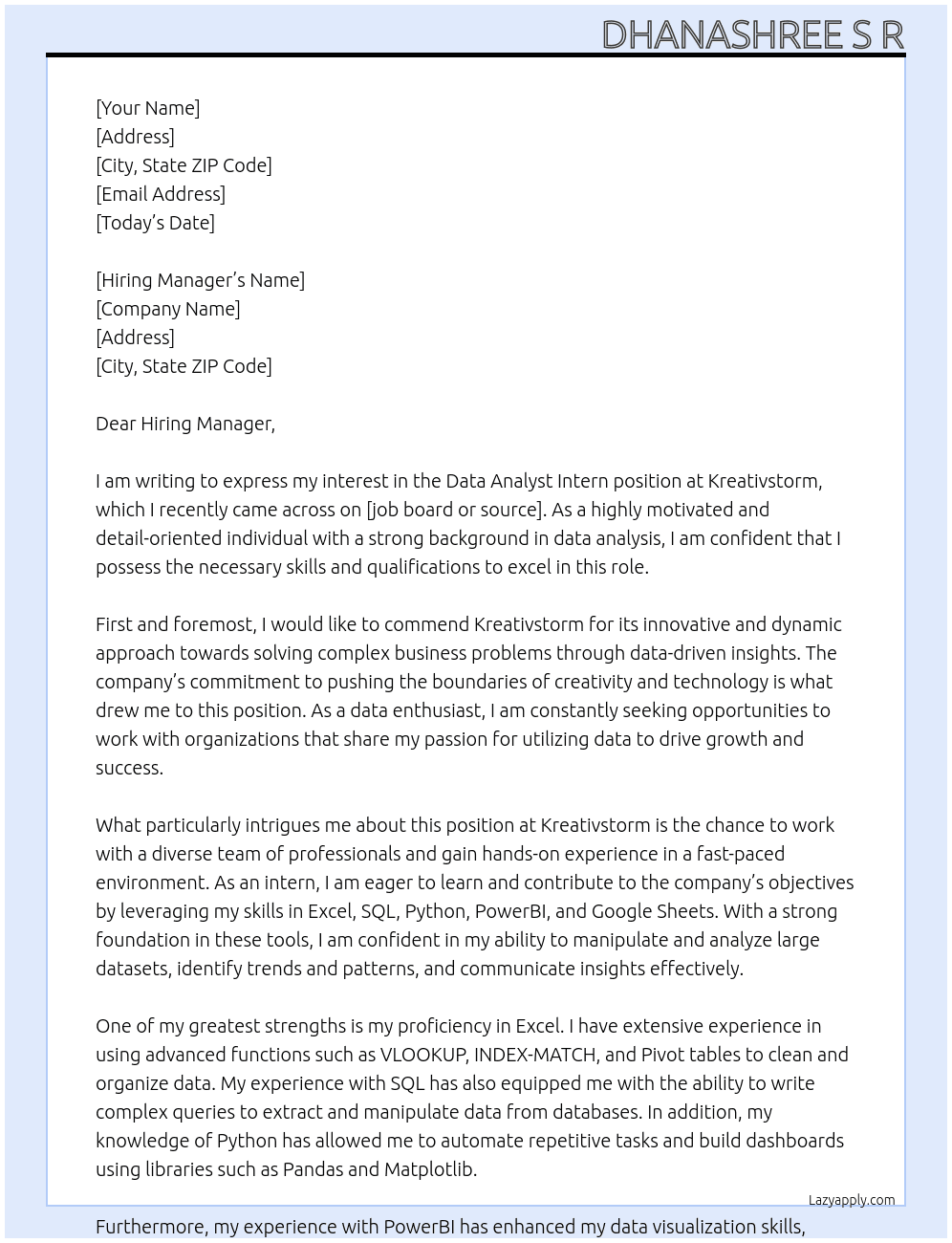 Data Analyst Intern At Kreativstorm Cover Letter