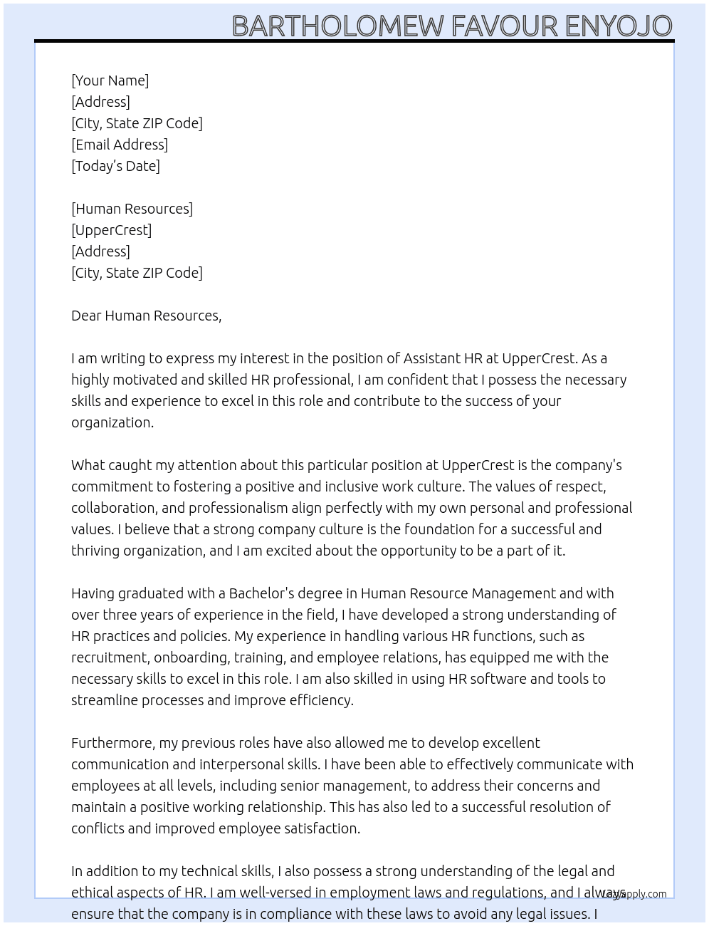 Assistant Hr At UpperCrest Cover Letter