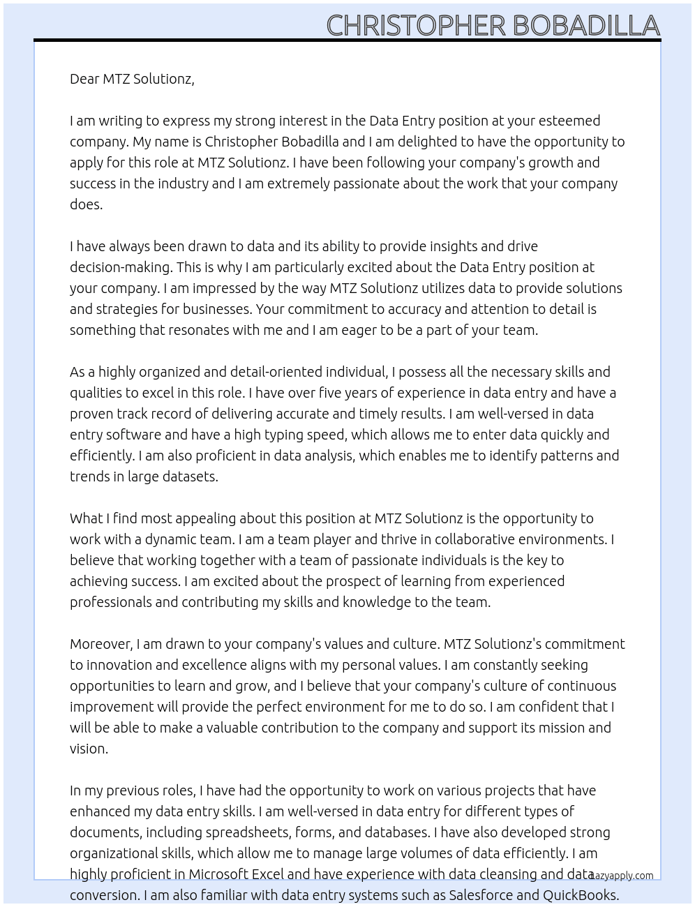 Data Entry At MTZ Solutionz Cover Letter