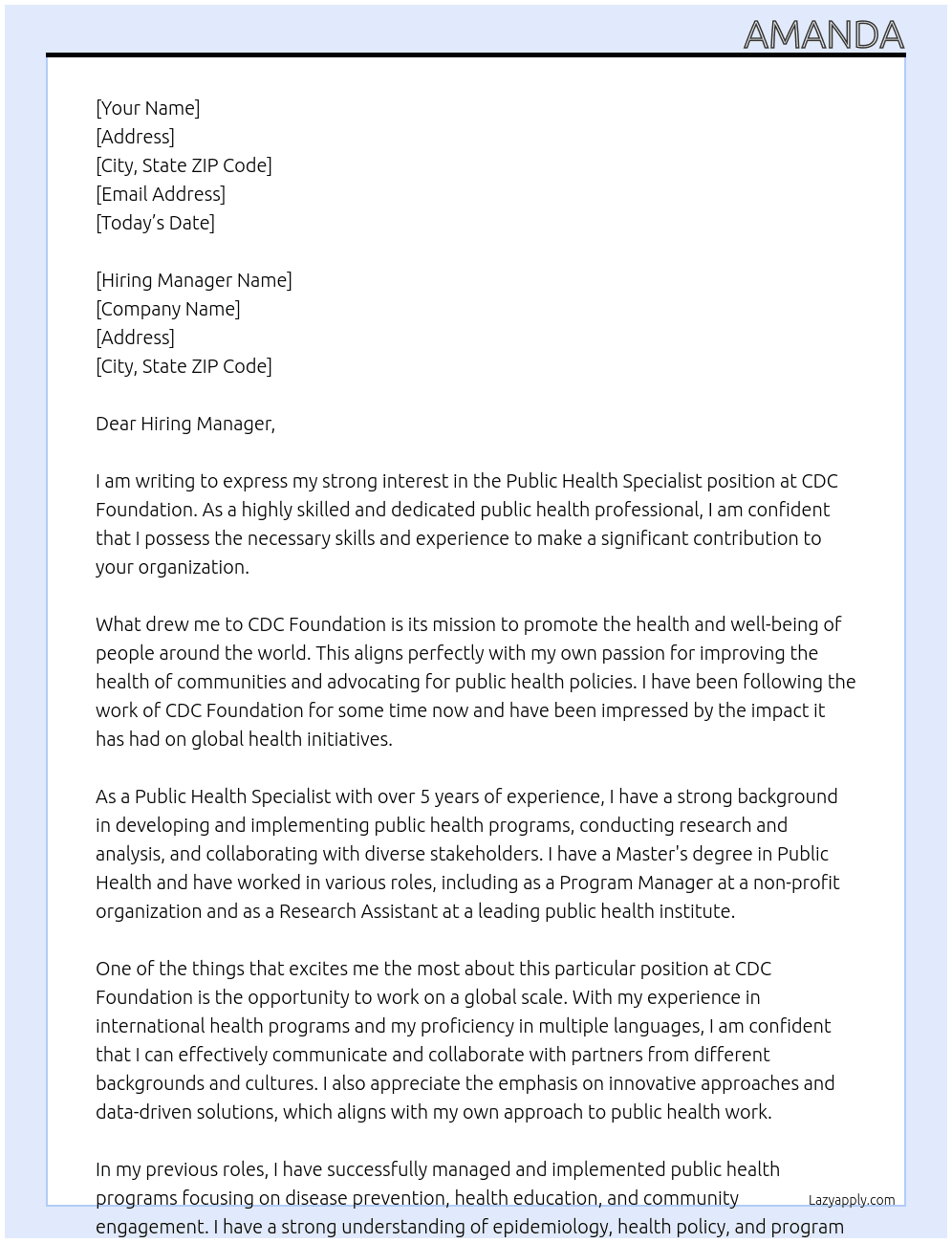 Public Health Specialist At CDC Foundation Cover Letter