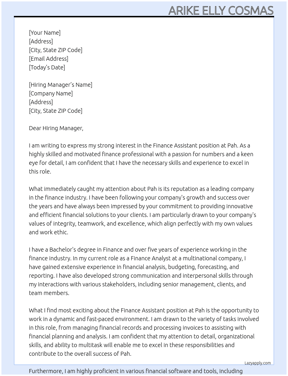 Finance Assistant At Pah Cover Letter