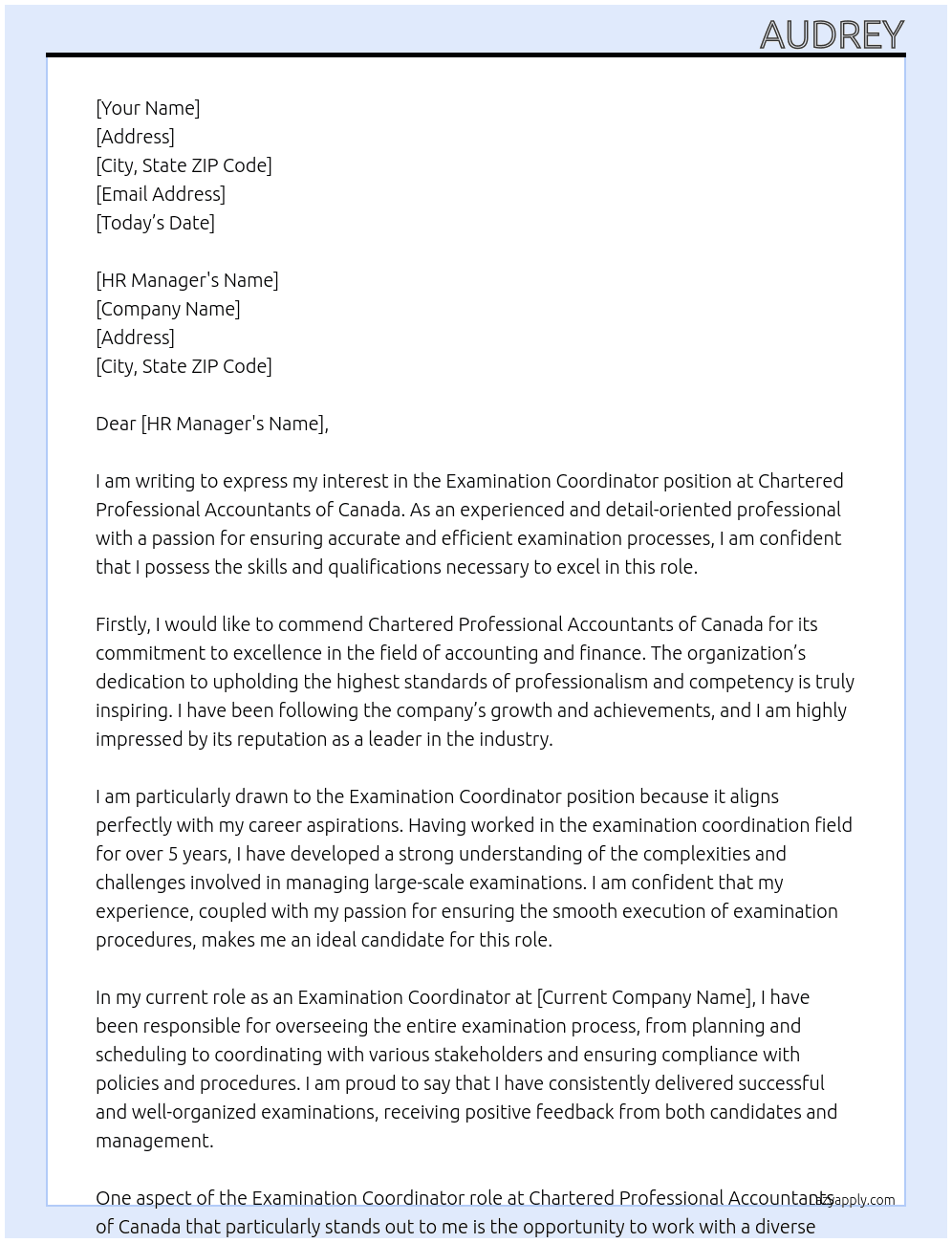 Examination Coordinator  At Chartered Professional Accountants of Canada  Cover Letter