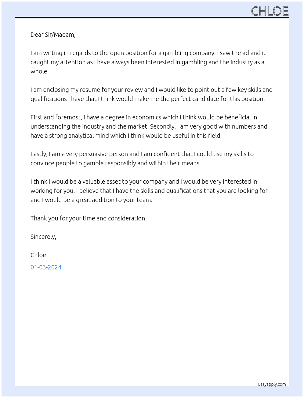gambling company At bet365 Cover Letter