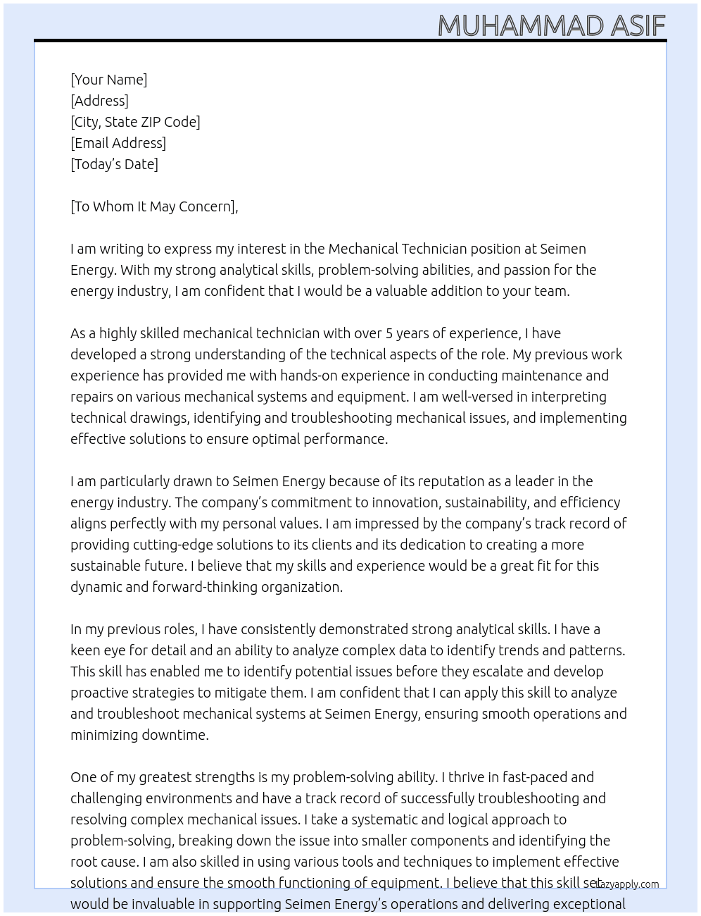 Mechaical Technician  At Seimen Energy  Cover Letter