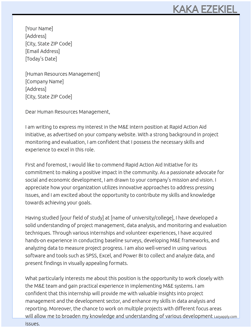 M&E intern At Rapid action aid initiative Cover Letter