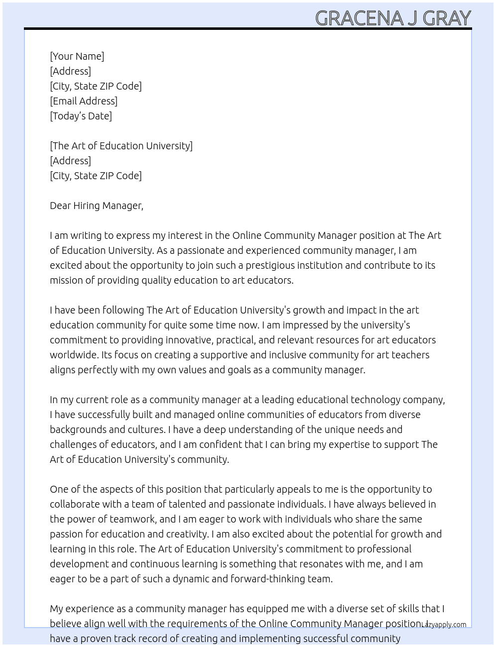 online community manager At The Art of Education University Cover Letter