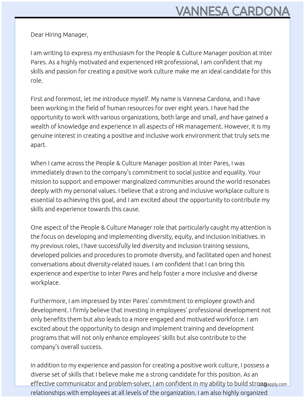 People & Culture Manager At  Inter Pares  Cover Letter