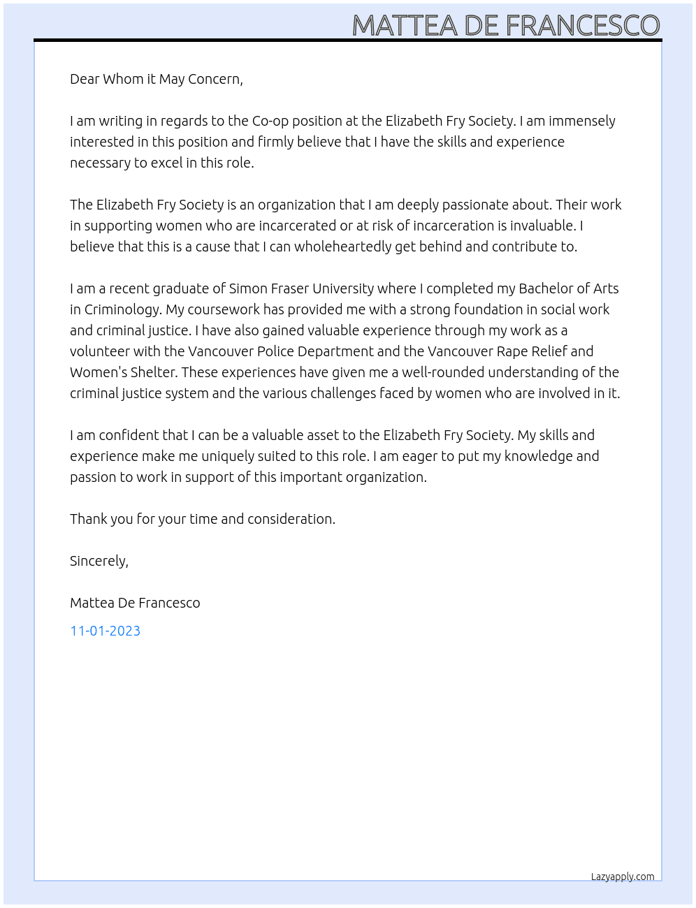 Co-op At Elizabeth Fry Society Cover Letter