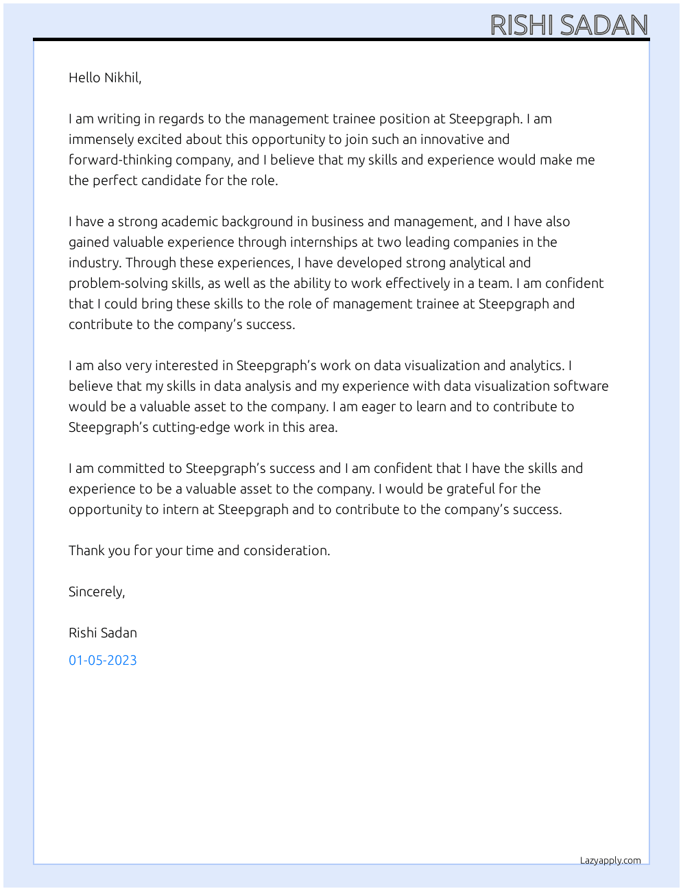 Management trainee At Steepgraph Cover Letter