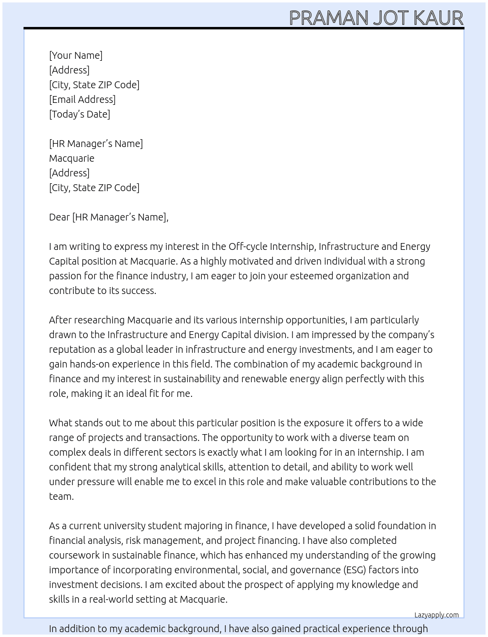 Off-cycle Internship, Infrastructure and Energy Capital At Macquarie  Cover Letter