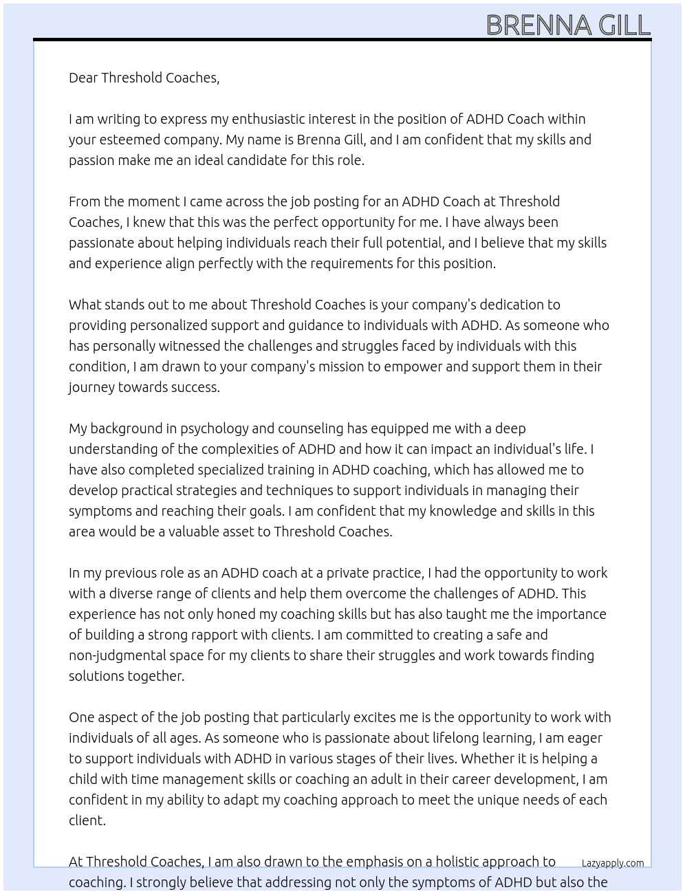 ADHD Coach At Threshold Coaches Cover Letter