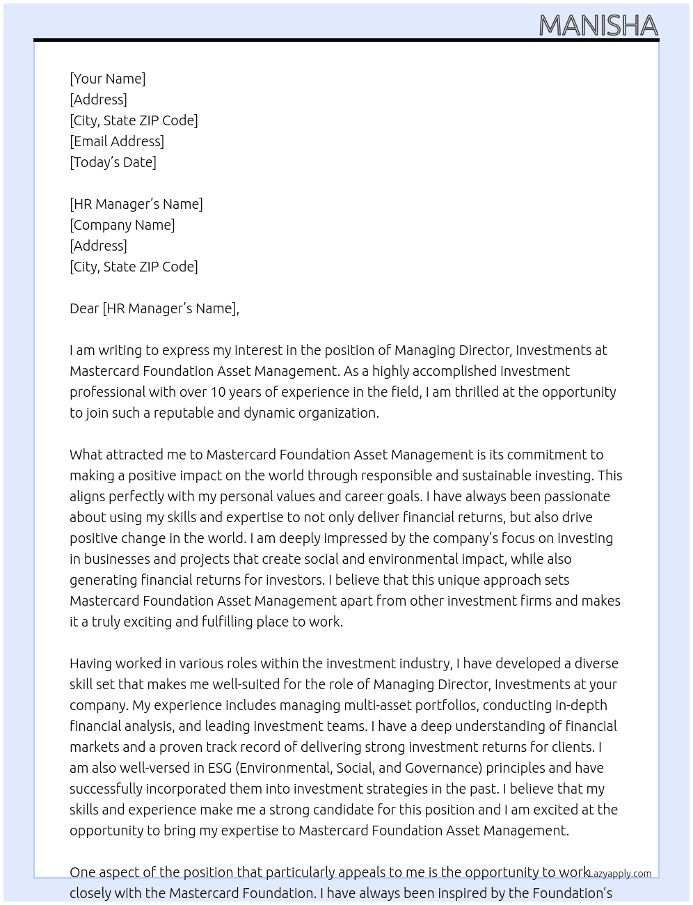 Managing Director, Investments At Mastercard Foundation Asset Management Cover Letter