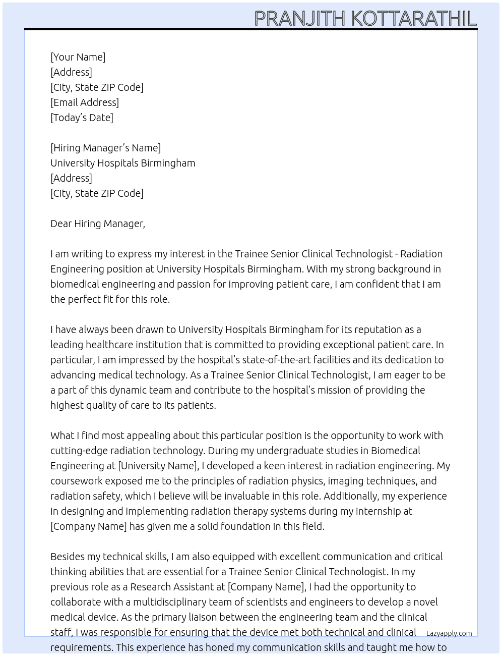 Trainee Senior Clinical Technologist - Radiation Engineering At University Hospitals Birmingham Cover Letter