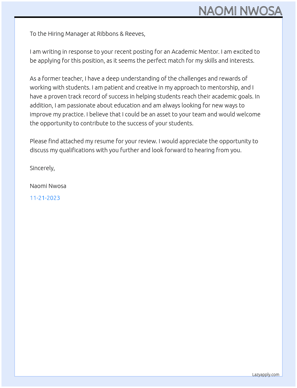 Academic Mentor At Ribbons & Reeves Cover Letter