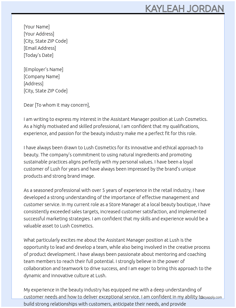 Assistant manager At Lush Cosmetics Cover Letter
