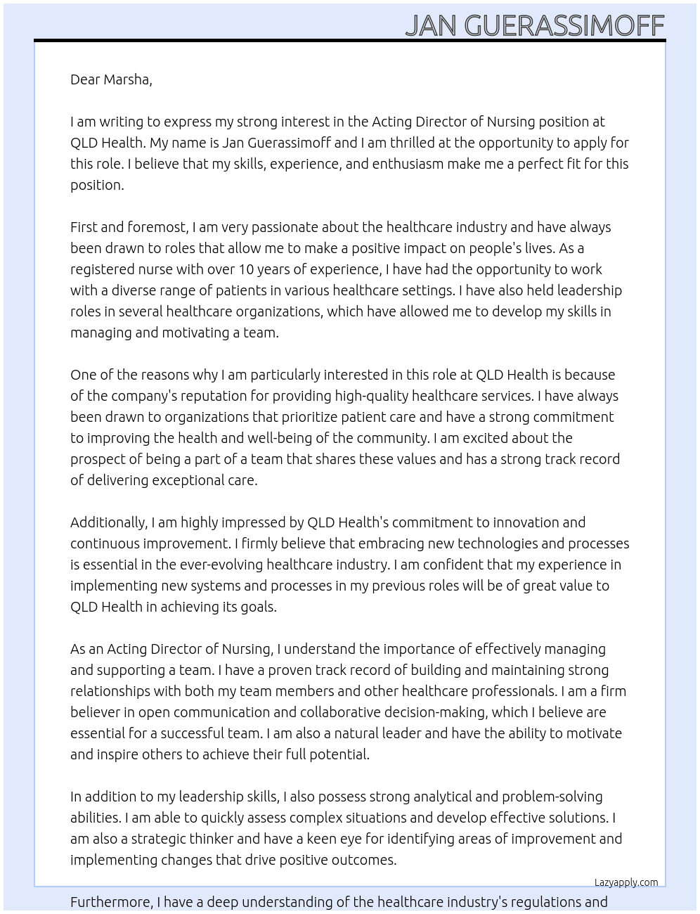 Acting Director Of Nursing  At QLD Health Cover Letter