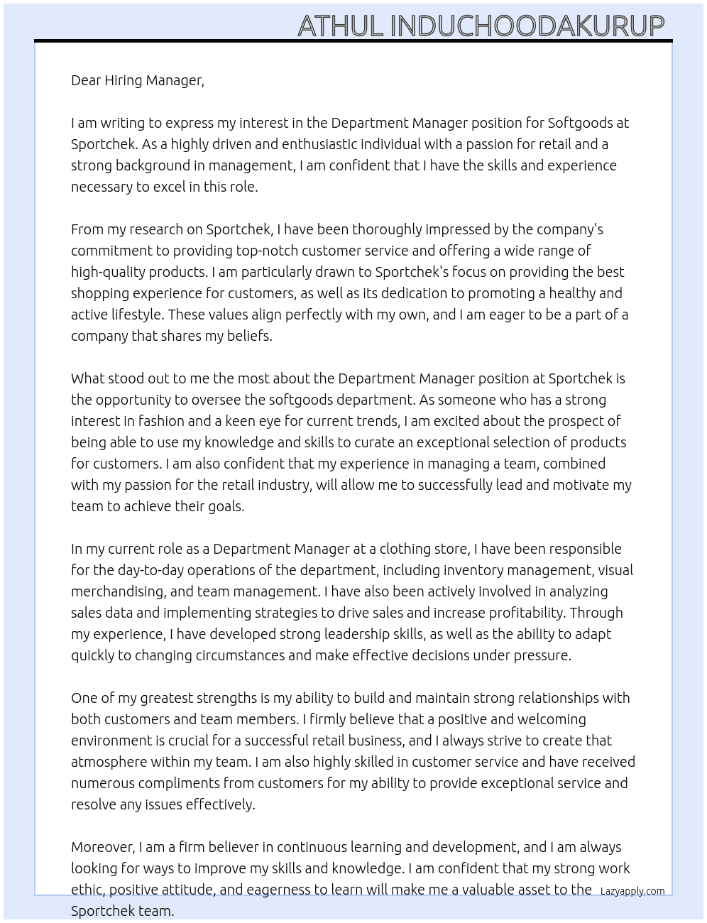 Department manager, softgoods At Sportchek Cover Letter