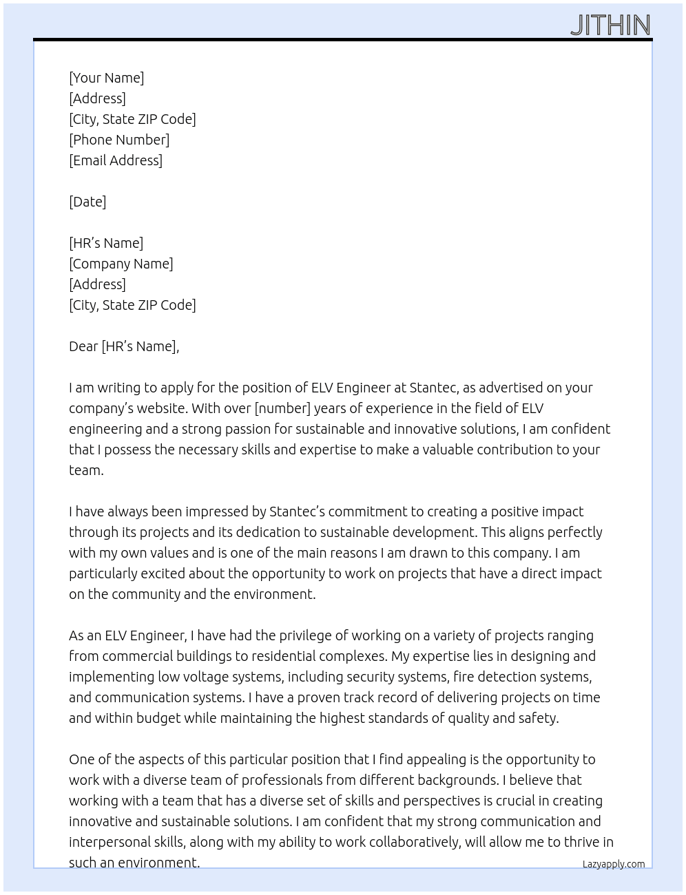 ELV Engineer At Stantec Cover Letter