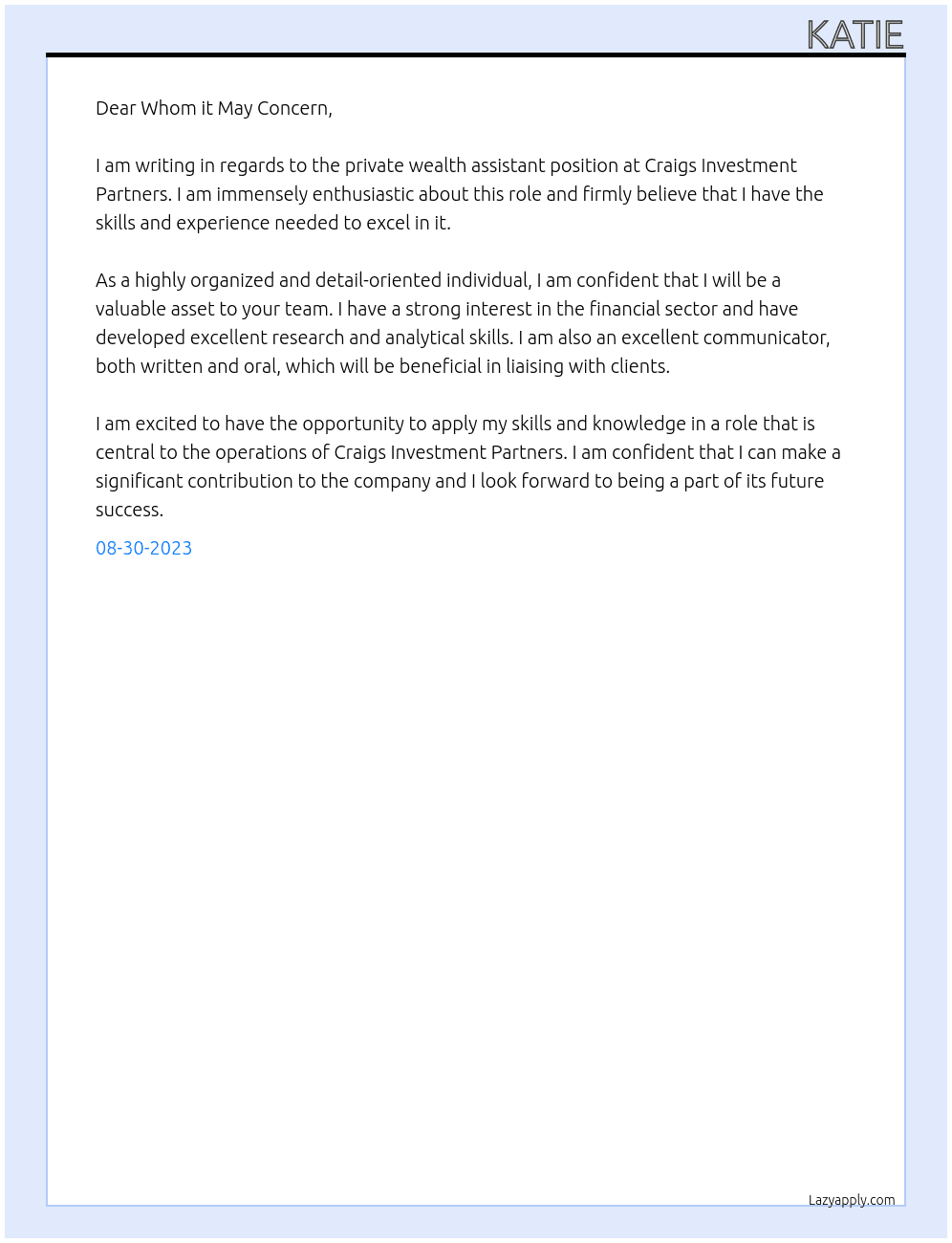 Private wealth assistant At Craigs Investment Partners  Cover Letter
