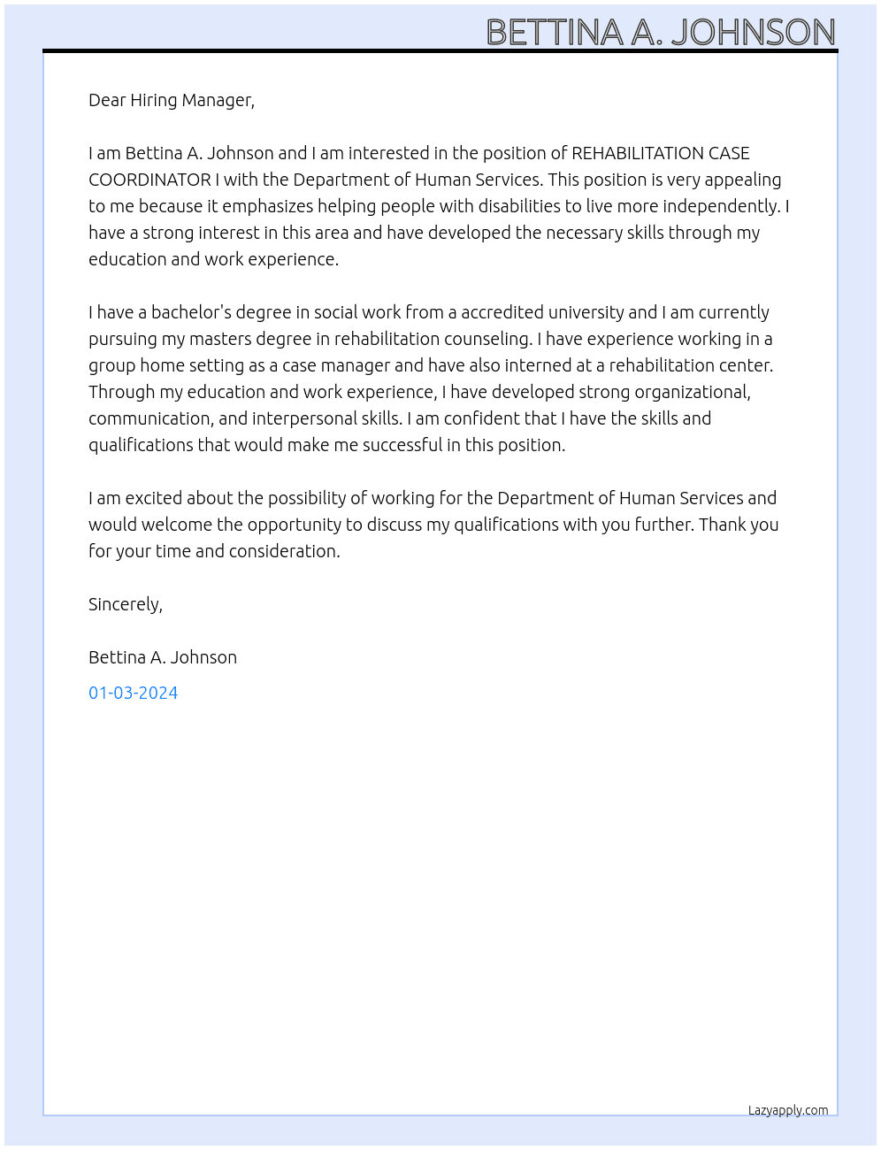 REHABILITATION CASE COORDINATOR I At Department of Human Services Cover Letter