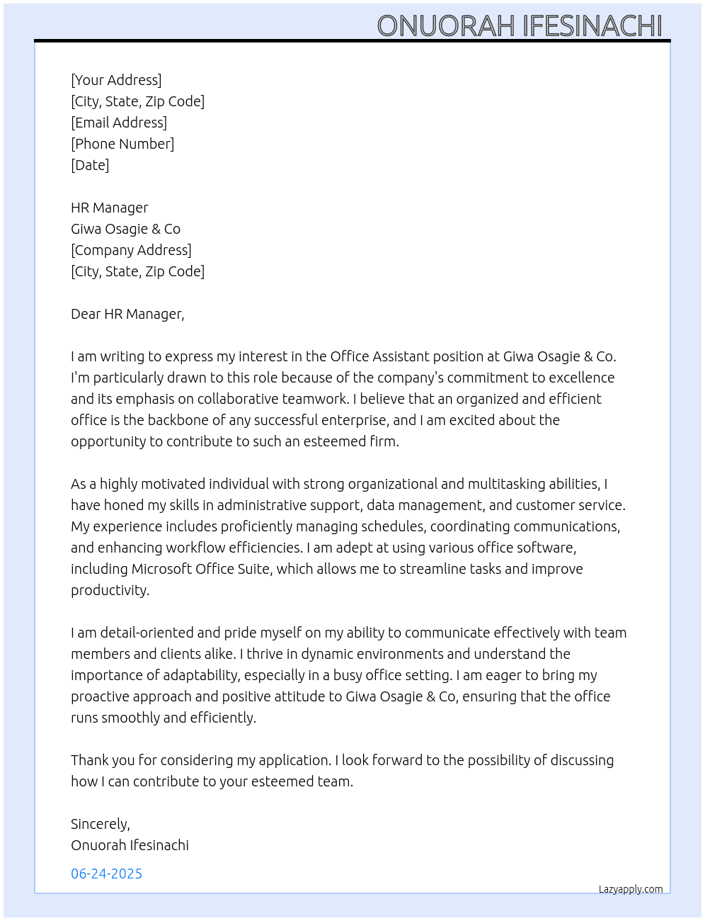 Office assistant  At Giwa osagie & co Cover Letter