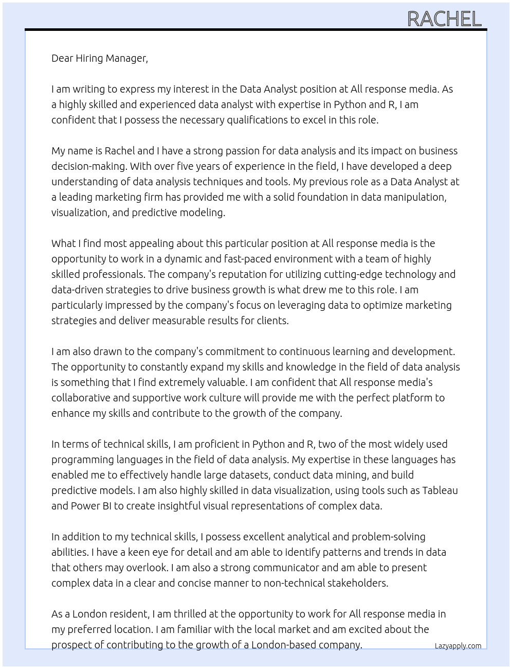 Data Analyst At All response media Cover Letter