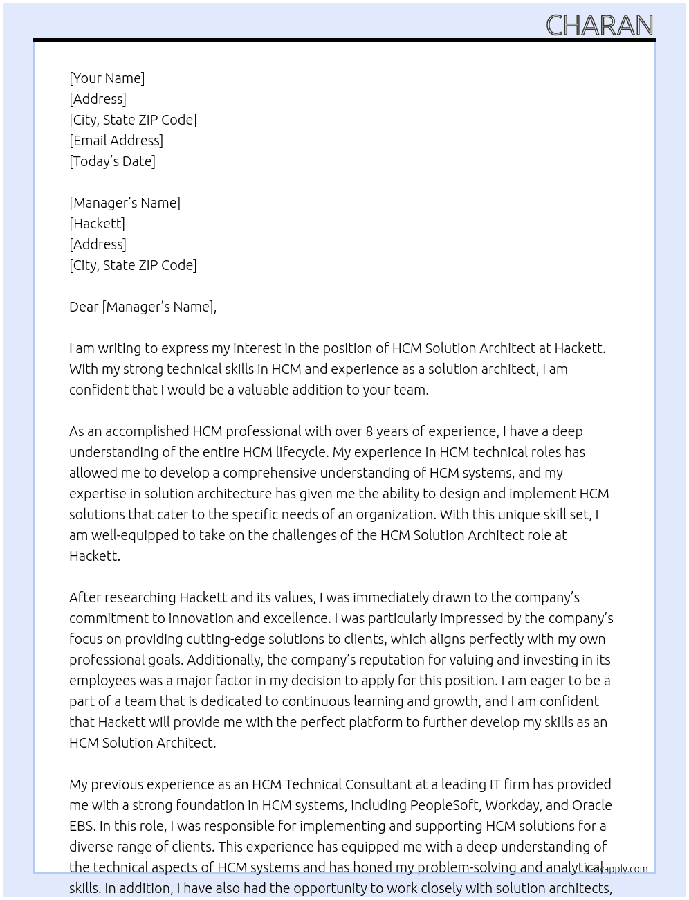 hcm solution architect At hackett Cover Letter