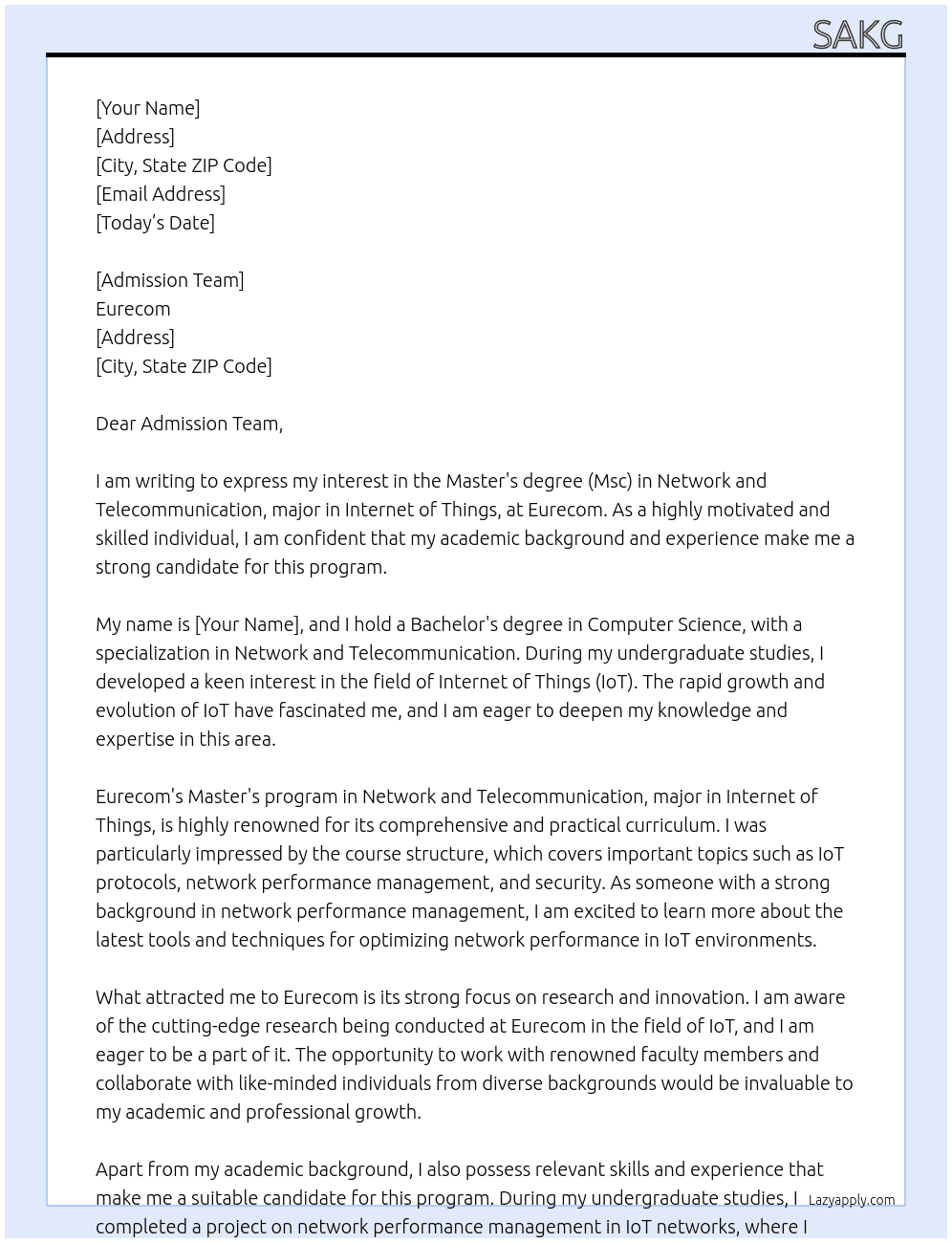  Master's degree (Msc) in Network and Telecommunication, major in Internet of Things At Eurecom Cover Letter