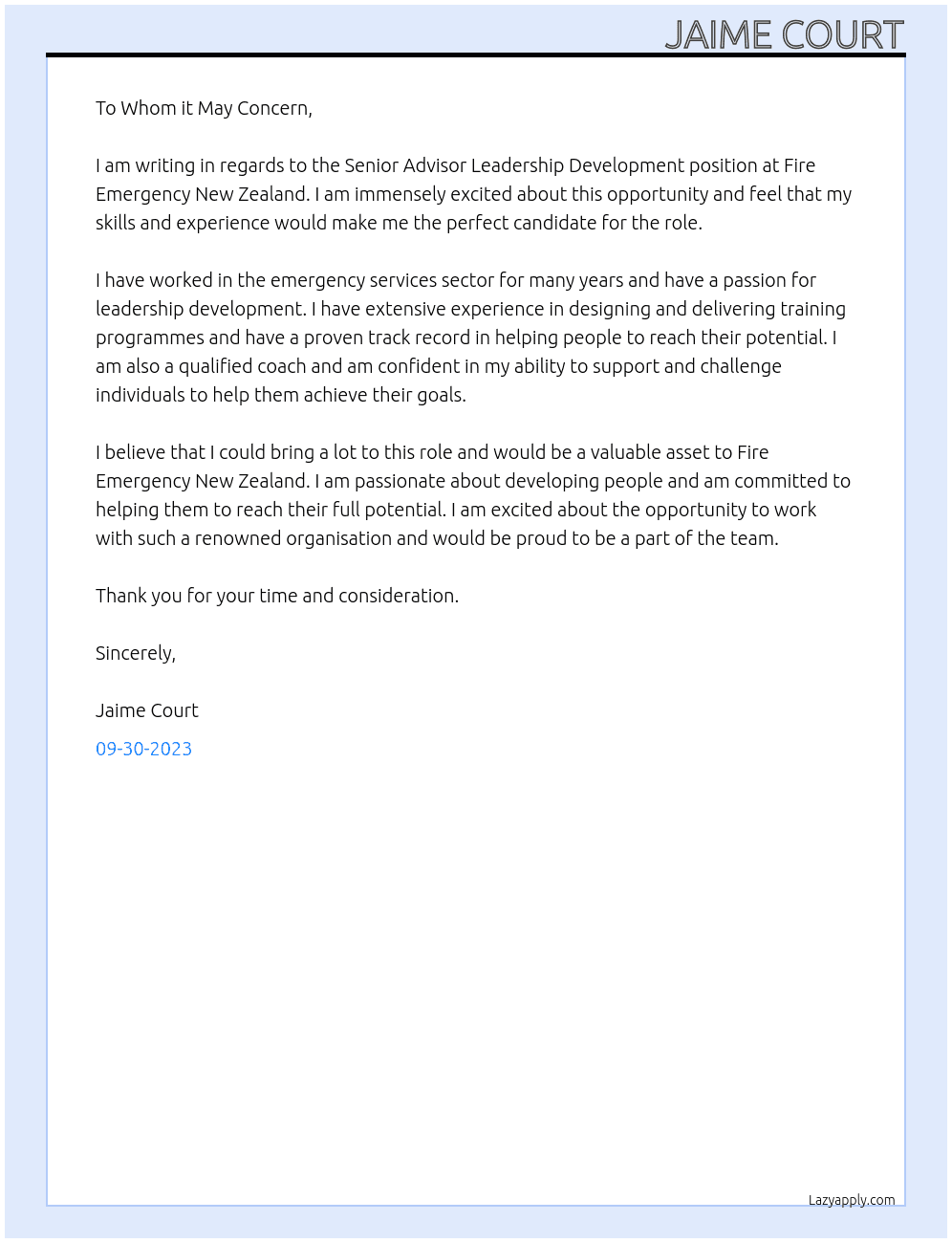 Senior Advisor Leadership Development At Fire Emergency New Zealand Cover Letter