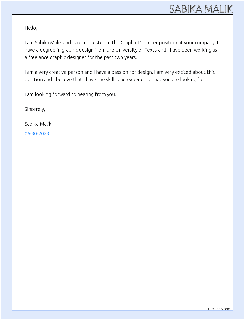 Graphic Designer At Sabika Malik Cover Letter