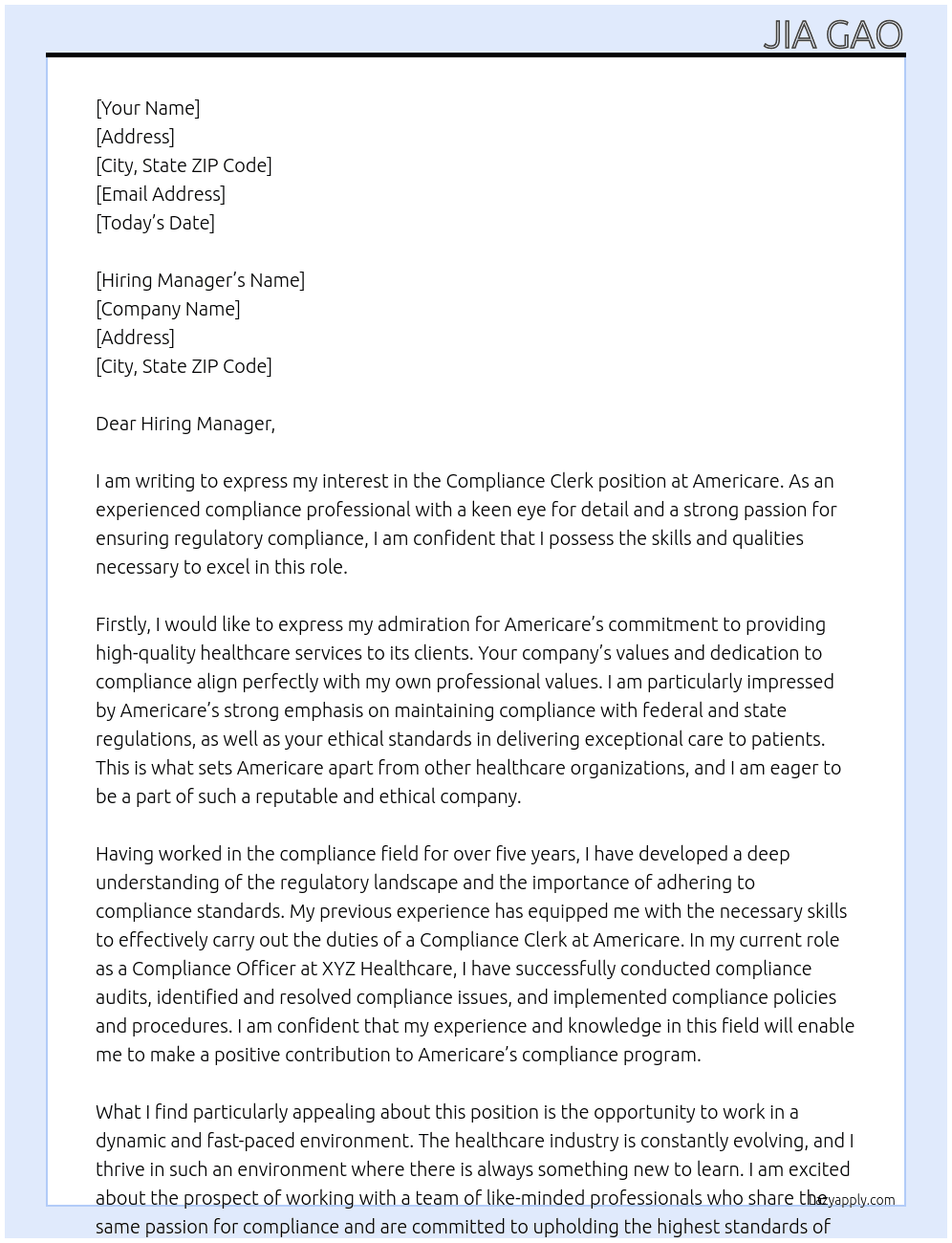 Compliance Clerk At Americare Cover Letter