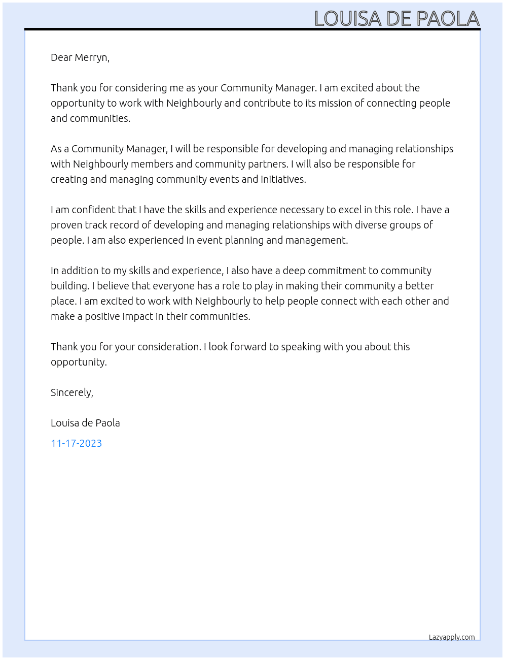 Community Manager At Neighbourly Cover Letter