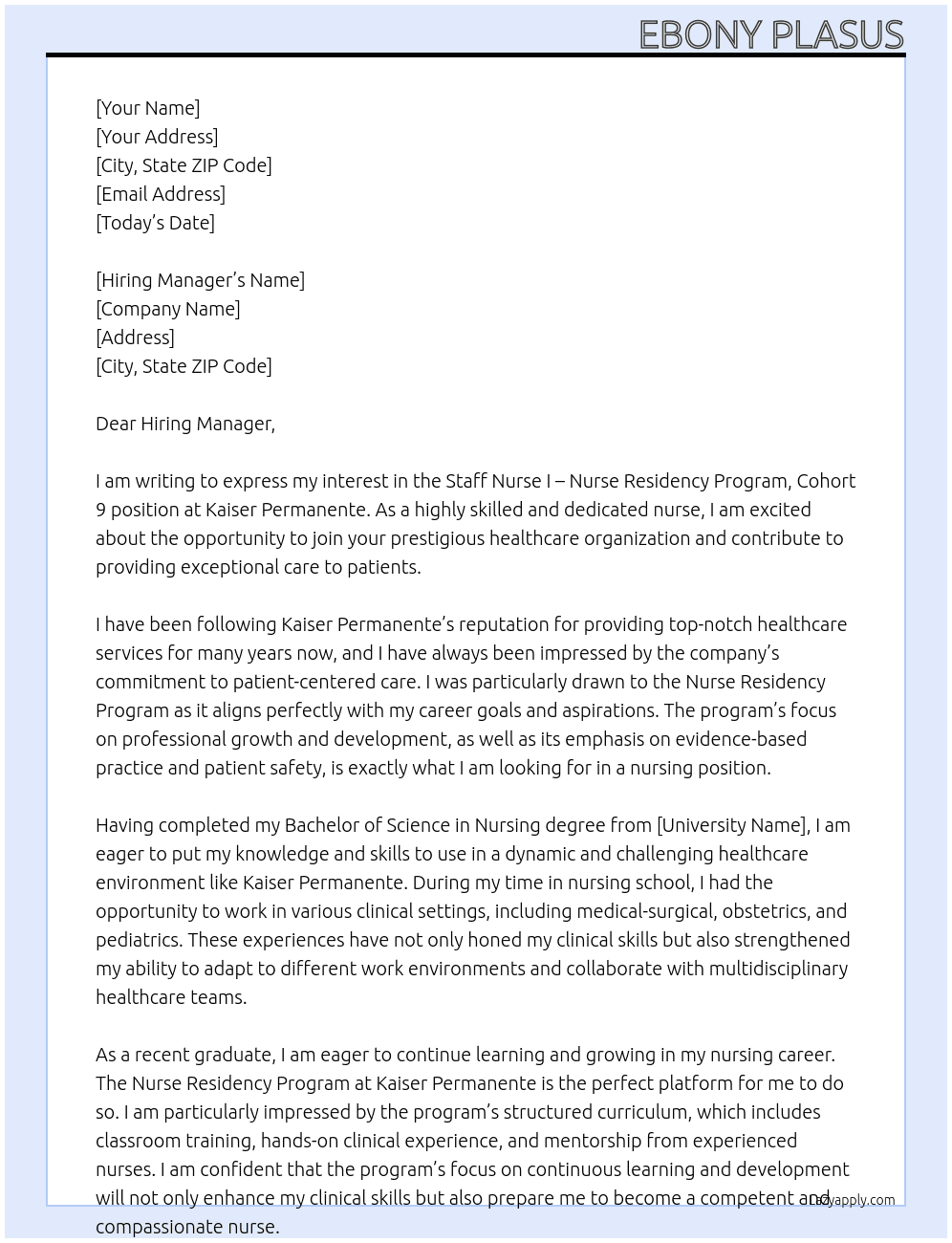 Staff Nurse I - Nurse Residency Program, Cohort 9 At Kaiser Permanente Cover Letter