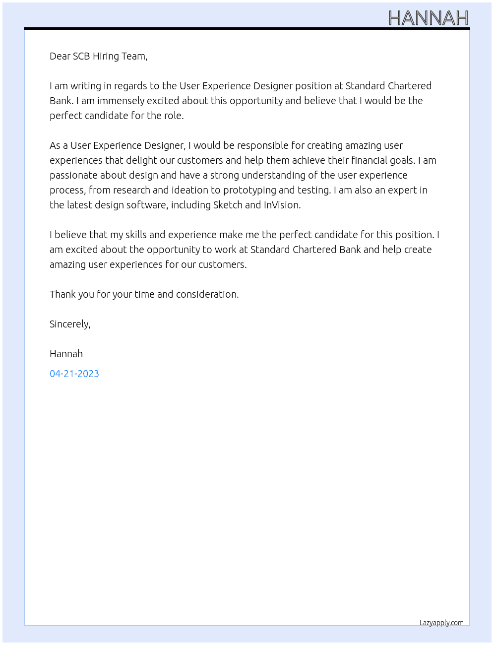 User Experience Designer At Standard Chartered Bank Cover Letter