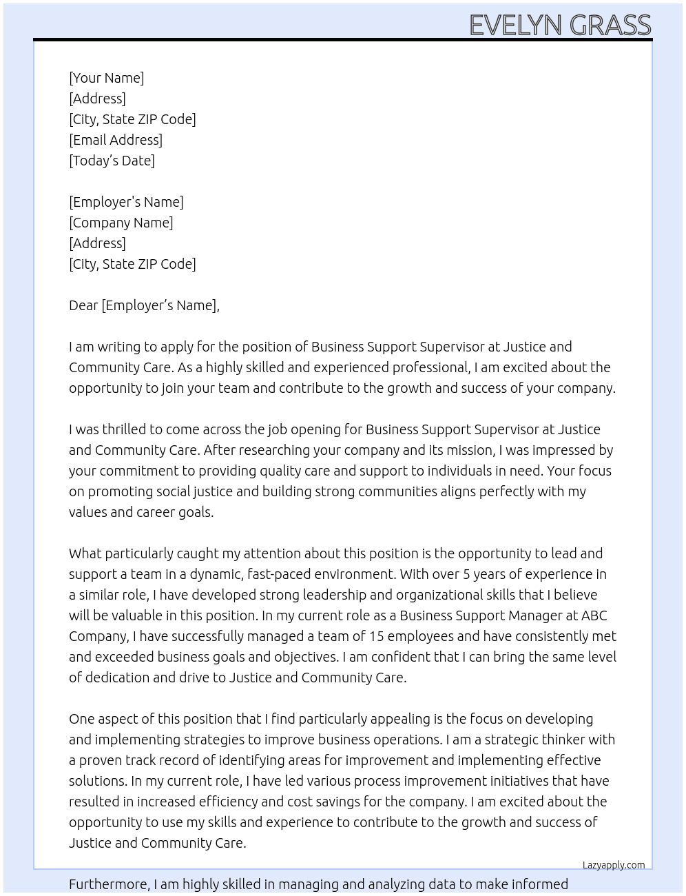 Business Support Supervisor At Justice and Community Care Cover Letter