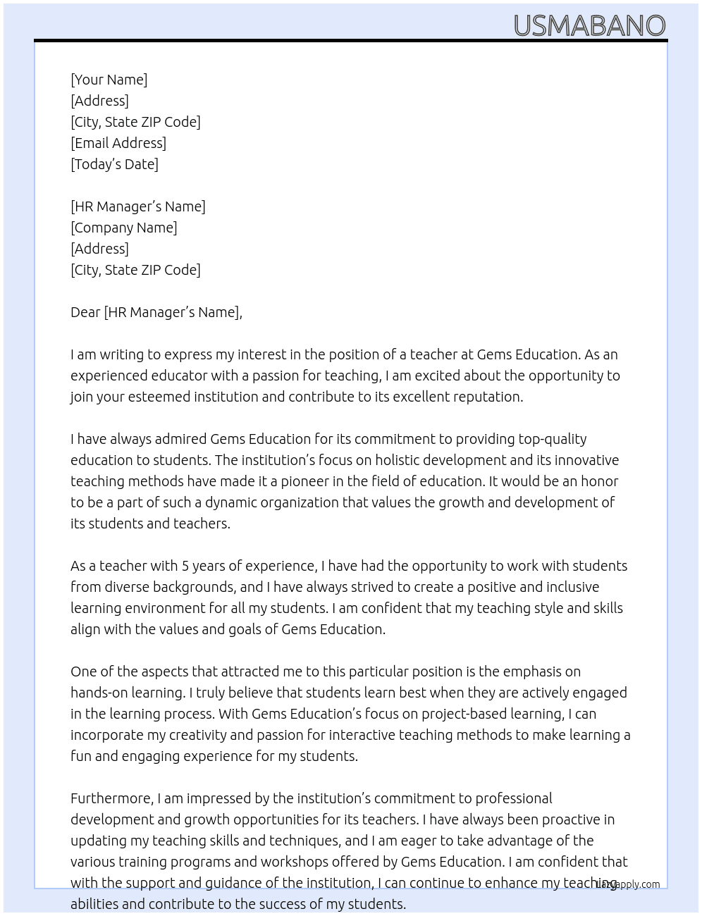 teacher At gems education Cover Letter