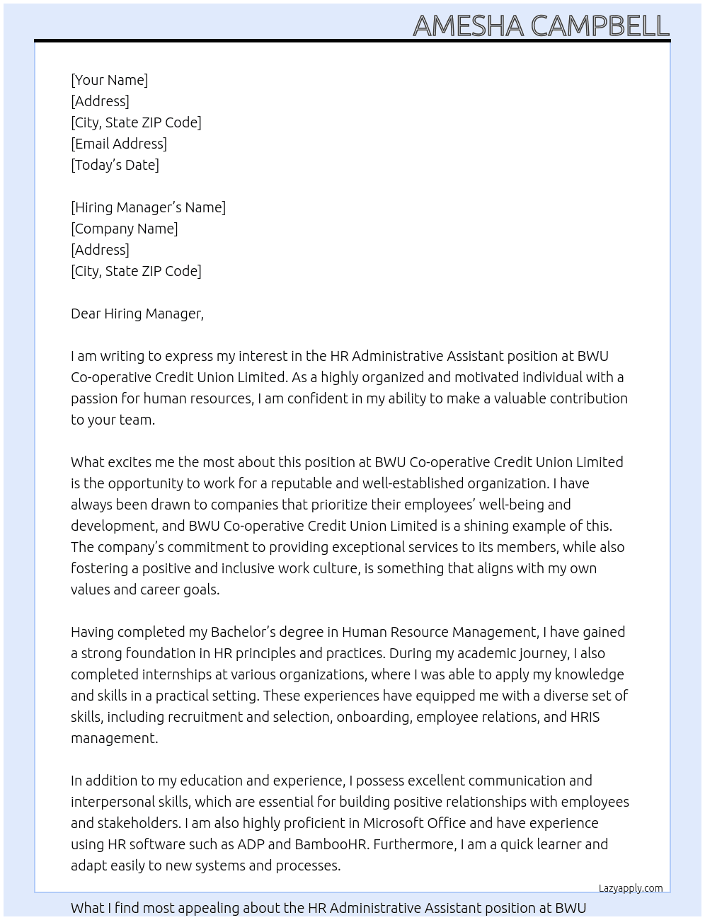 Hr Administrative Assistant  At BWU Co-operative Credit Union Limited. Cover Letter